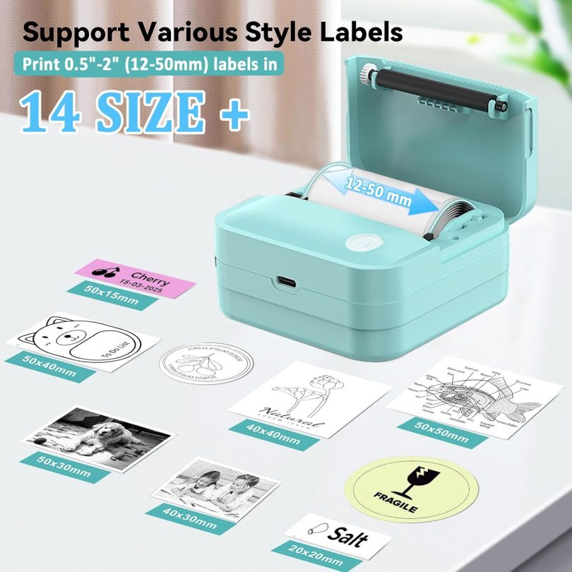 Label Maker Machine with Tape - 14 Sizes (0.47-2") Bluetooth Thermal Label Printer, Mini Sticker Maker for Home,Office,Organization, Portable Sticker Printer Print Pod for Phones(Light Blue) - Image 2