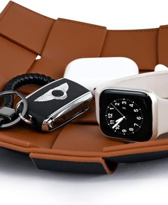 Valet Tray PU Leather Key Holder Bowl for Men Entryway Table Nightstand Desk Tray for Wallet, Keys Men's Gift - Brown & Black, 9.8" L x 9.8" W x 2" H