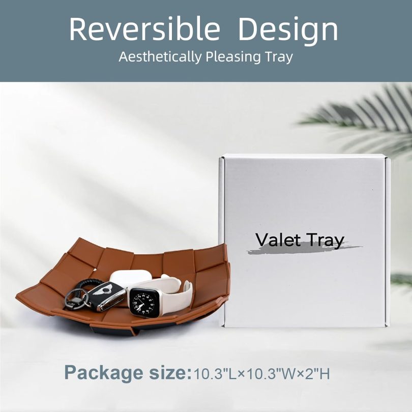 Valet Tray PU Leather Key Holder Bowl for Men Entryway Table Nightstand Desk Tray for Wallet, Keys Men's Gift - Brown & Black, 9.8" L x 9.8" W x 2" H - Image 3
