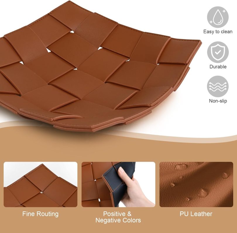 Valet Tray PU Leather Key Holder Bowl for Men Entryway Table Nightstand Desk Tray for Wallet, Keys Men's Gift - Brown & Black, 9.8" L x 9.8" W x 2" H - Image 7