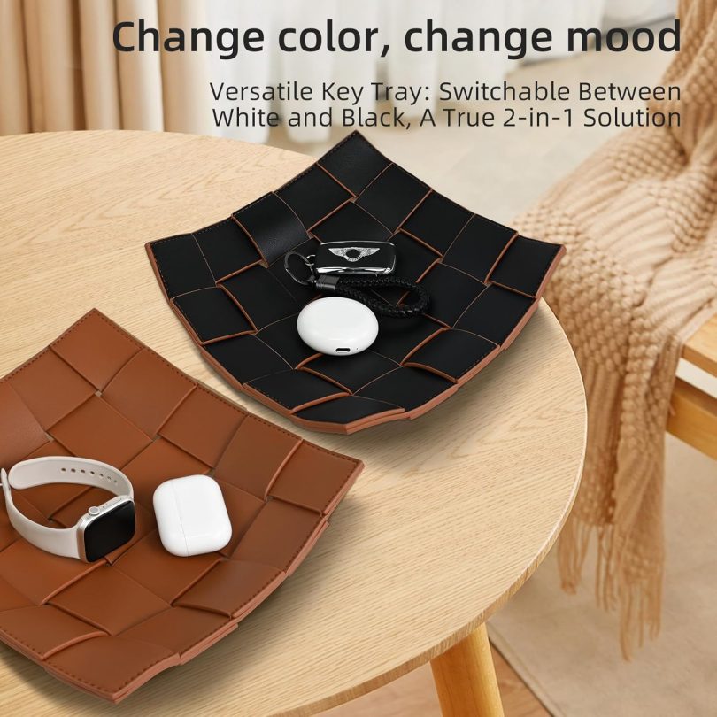Valet Tray PU Leather Key Holder Bowl for Men Entryway Table Nightstand Desk Tray for Wallet, Keys Men's Gift - Brown & Black, 9.8" L x 9.8" W x 2" H - Image 8