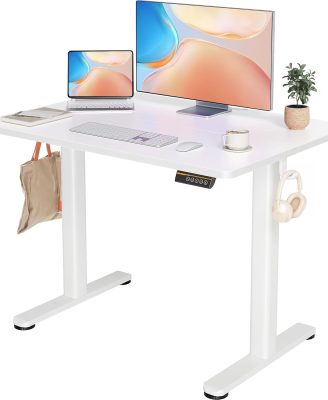 YDN Electric Standing Desk Adjustable Height, 40 x 24 Inches Stand up Desk with Cable Management, Home Office Desks with Splice Board & White Frame, White Top