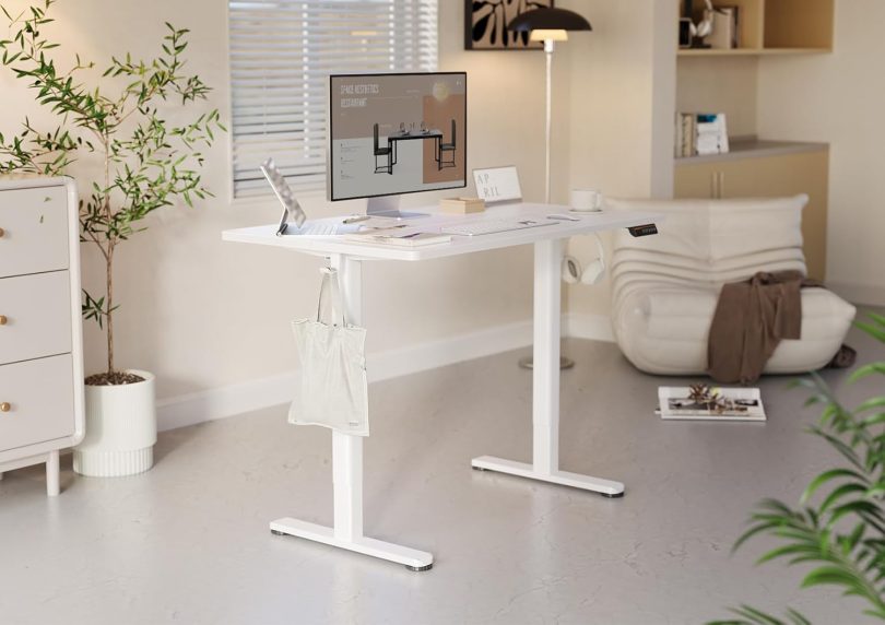 YDN Electric Standing Desk Adjustable Height, 40 x 24 Inches Stand up Desk with Cable Management, Home Office Desks with Splice Board & White Frame, White Top - Image 2