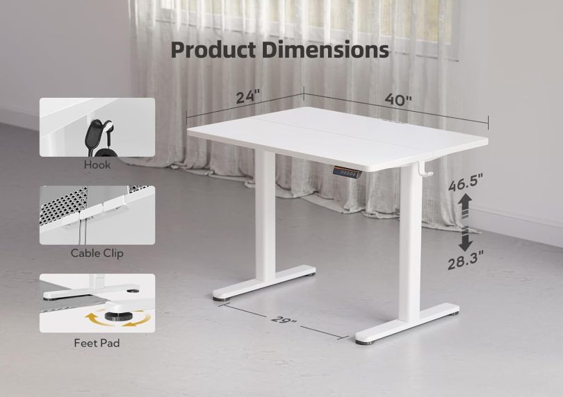 YDN Electric Standing Desk Adjustable Height, 40 x 24 Inches Stand up Desk with Cable Management, Home Office Desks with Splice Board & White Frame, White Top - Image 3